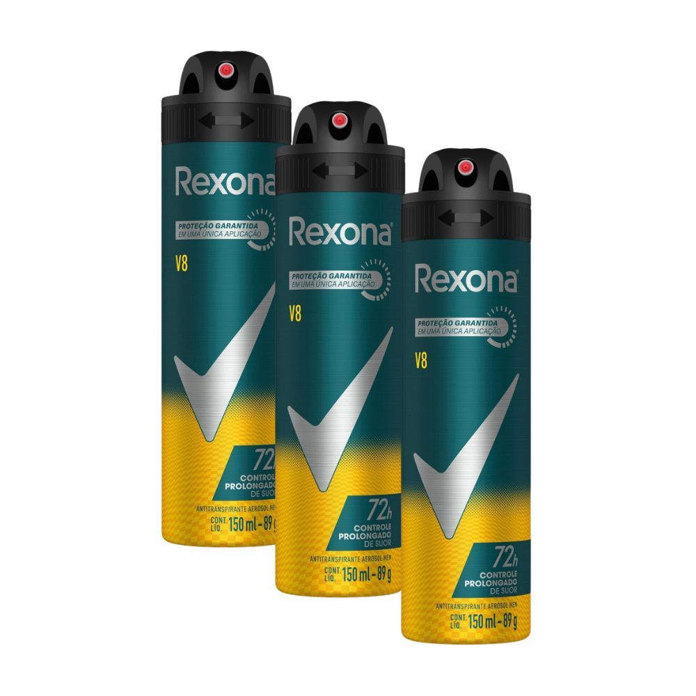 Rexona V8 72h Antitranspirante Aerosol Masculino - Frescor e Prote??o Duradoura 1 Kit 3 Desodorante Antitranspirante Aerosol Masculino Rexona V8 72 horas 150ml