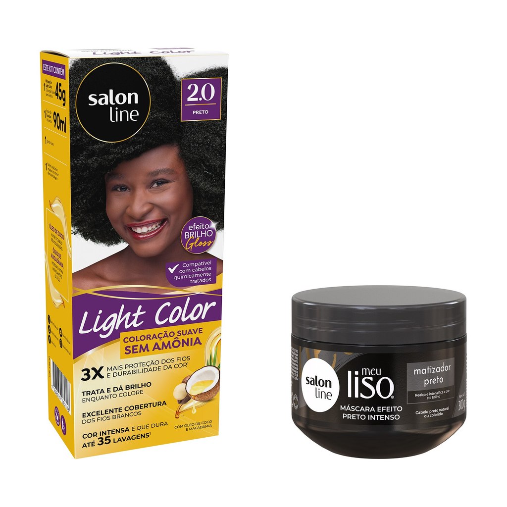 Kit Colorir e Matiz Cabelo Ondulado/Cacheado 1 Kit Preto Light Color 2.0 + Máscara Matizadora Meu Liso 300g