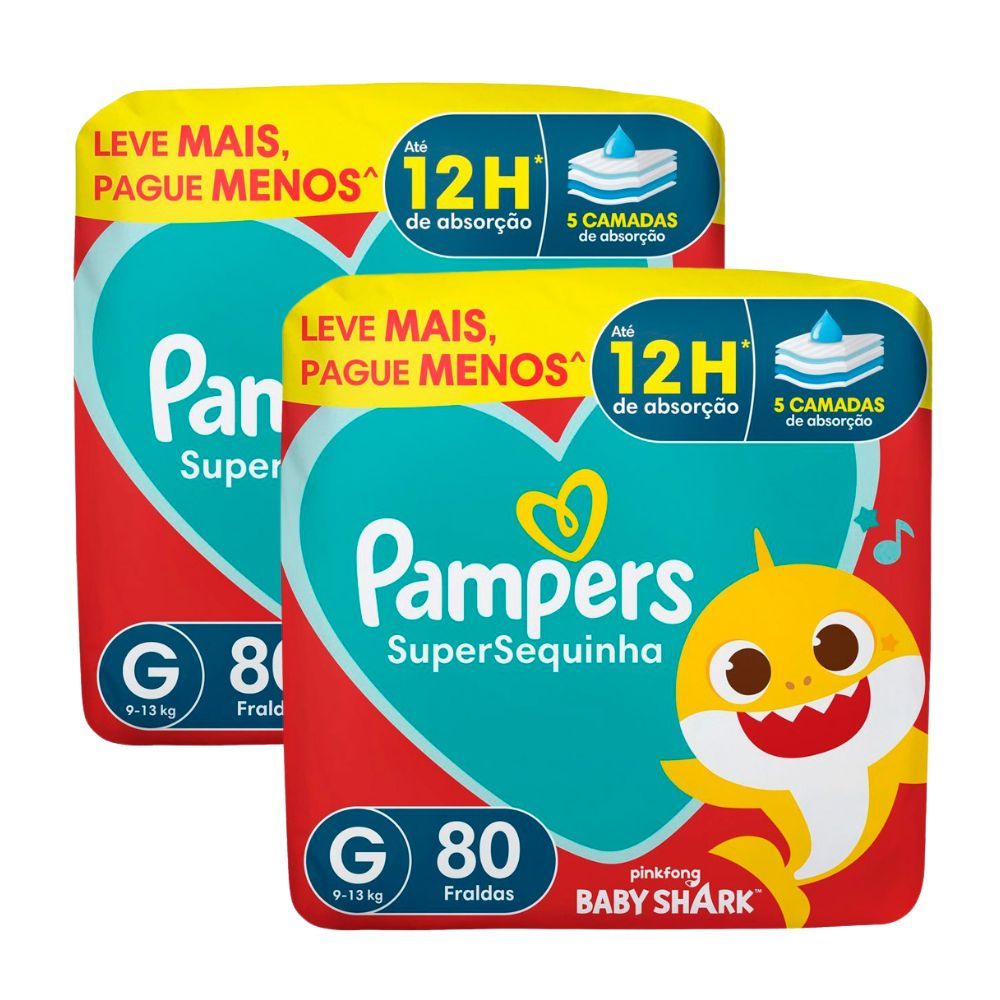 Kit 2 Fraldas Pampers Supersequinha Tamanho G - 80 Unidades 1 Kit 2 Fralda Pampers Supersequinha Tamanho G 80 Unidades Descartáveis Leve + Por -