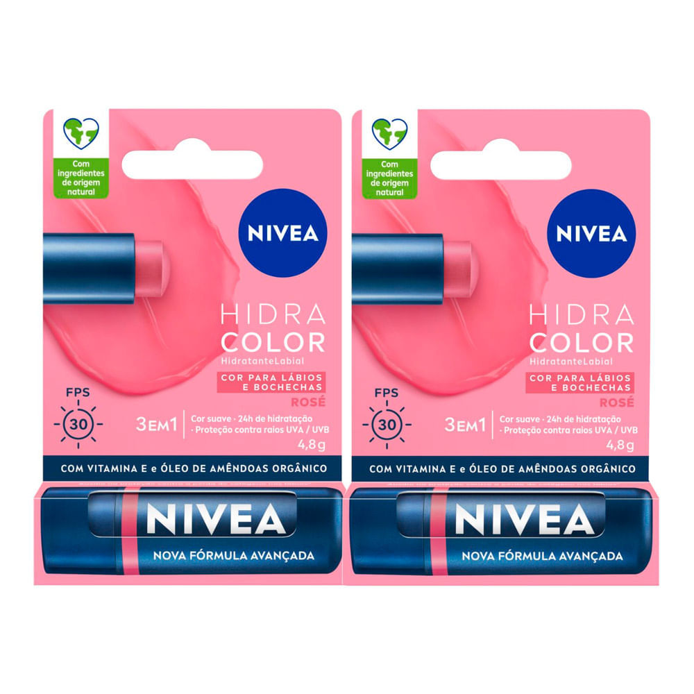Kit 2 Hidratante Labial Nivea Hidra Color Ros? FPS 30 1 Kit 2 Hidratante Labial Nivea Hidra Color FPS 30 Rosé 4,8g