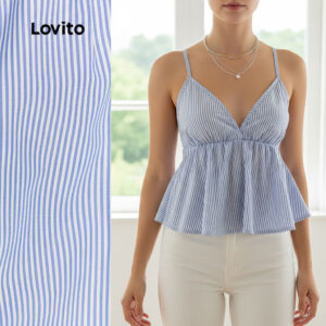 Lovito Casual Blusa Feminina Plissada Drapeada Suave Verão Azul L139AD351