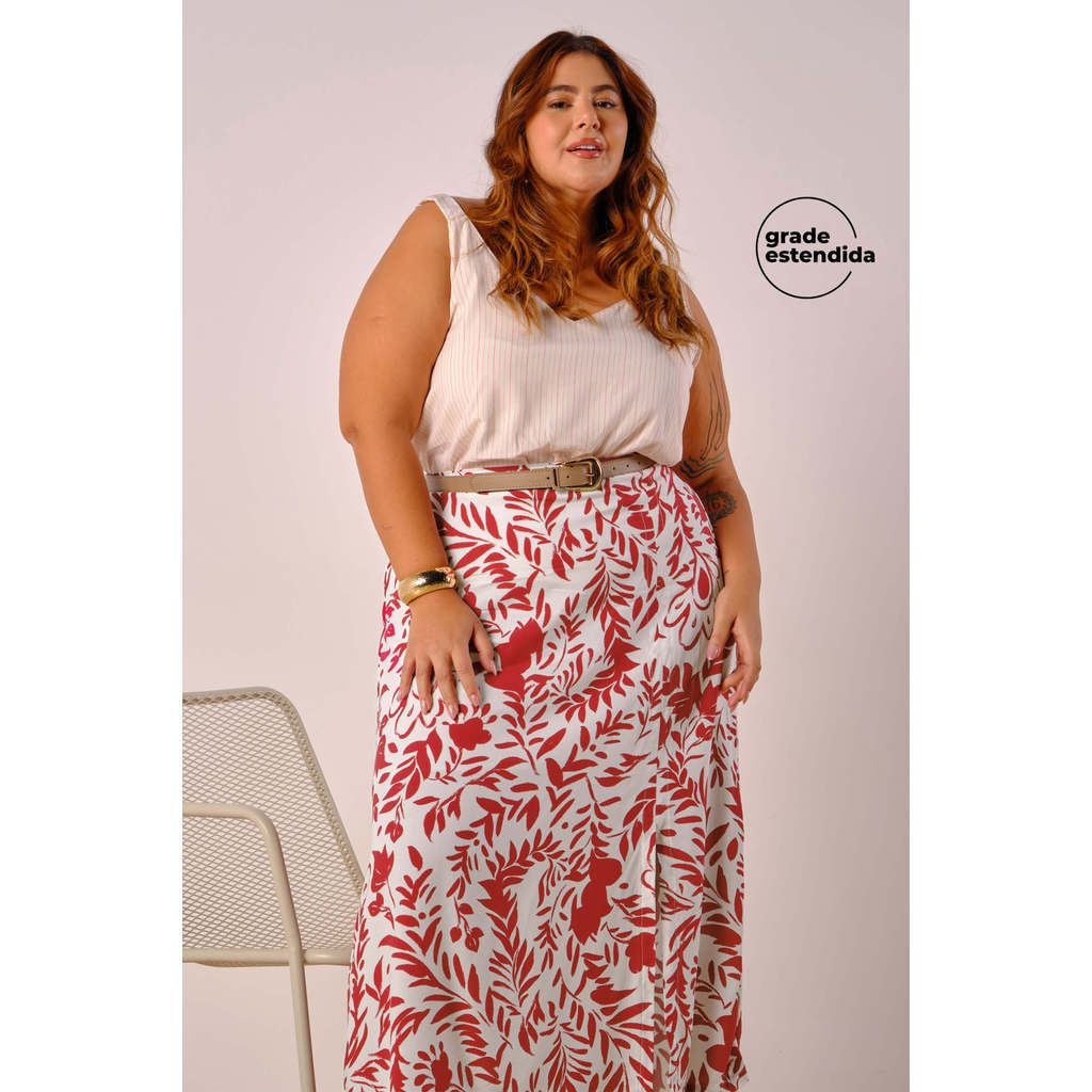 Saia Midi Floral Bege Feminina Fenda